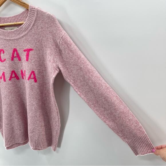 Loft “CAT MAMA” Wool Blend Soft Cozy Pink Crewneck Sweater Size Medium - Picture 6 of 11